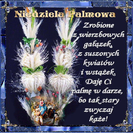 Niebieska brokatowa kartka z życzeniami na Niedzielę Palmową